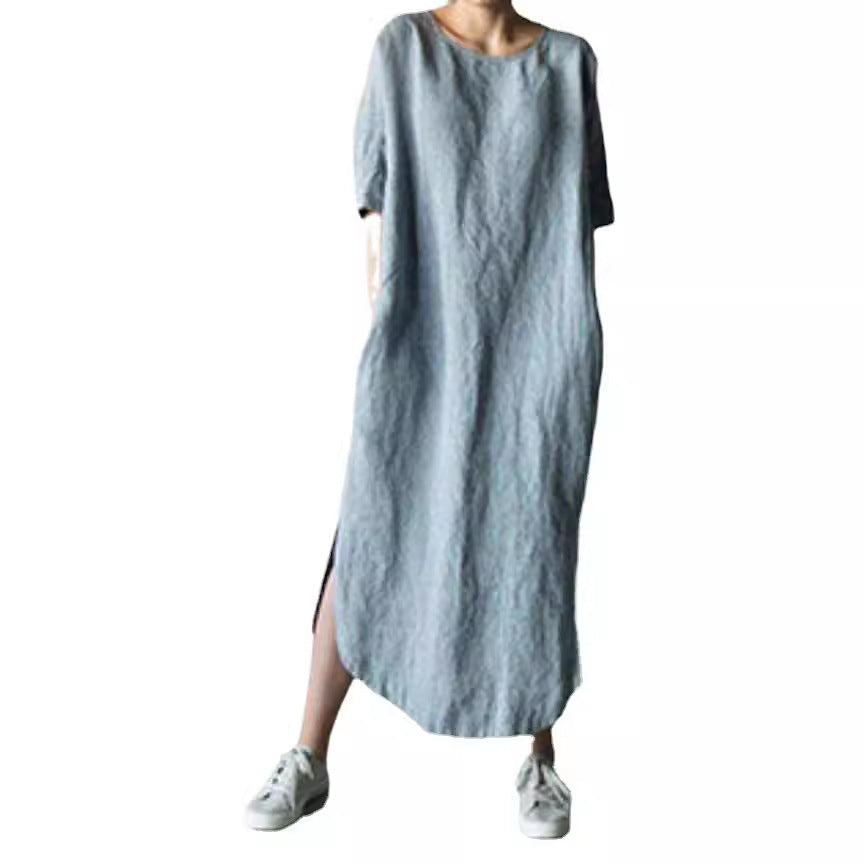 Round Neck Half Sleeve Solid Color Side Dresses