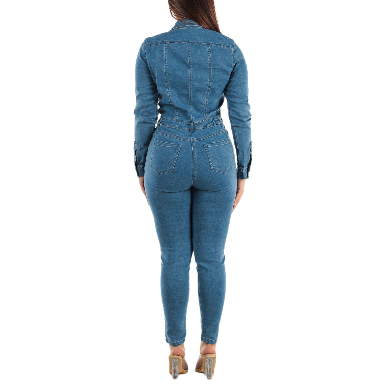 Stretch Long Sleeve Feet Wash Denim Jumpsuits