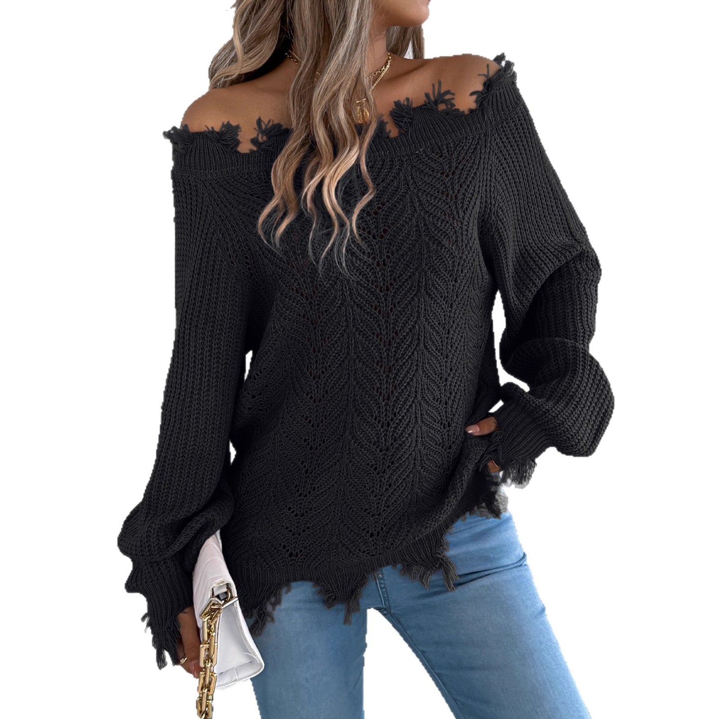 Women's Solid Color Long Sleeve Cut Pullover Sweater