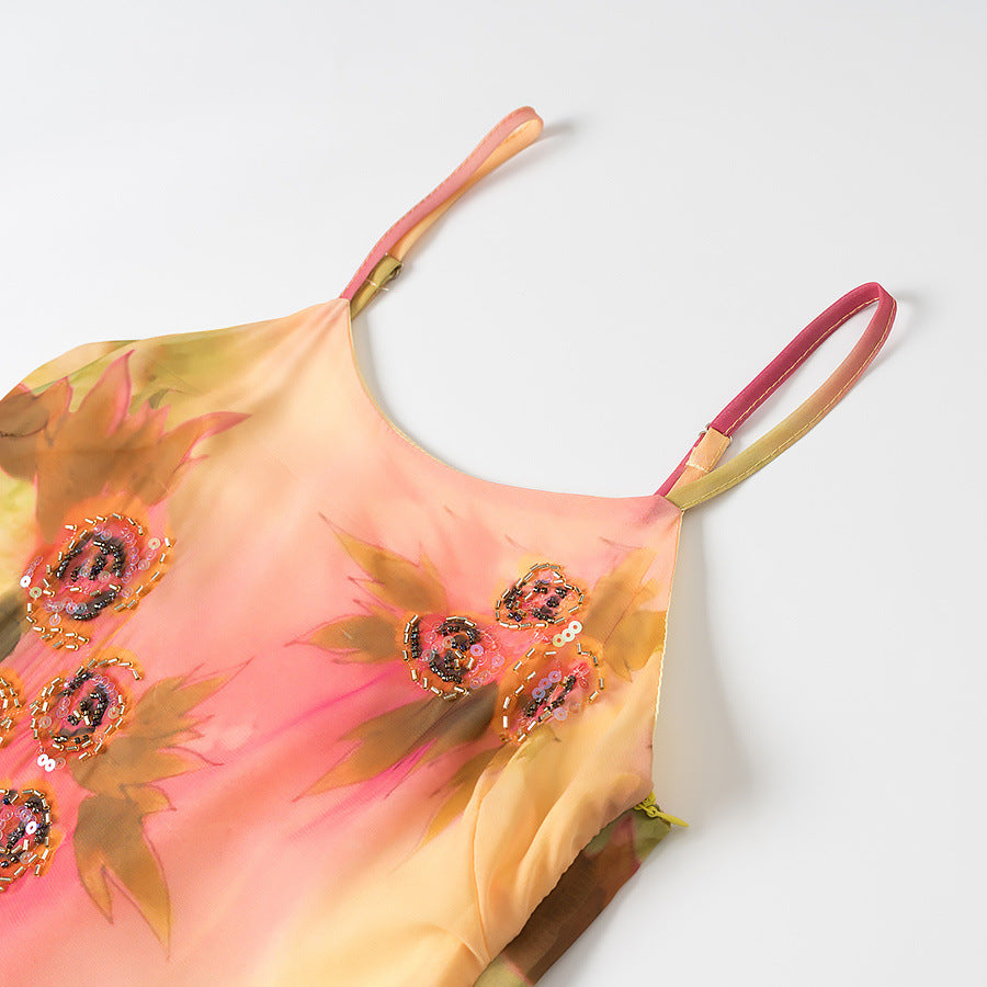 Women's Summer Fashion Printed Sequin Sling Long Dresses