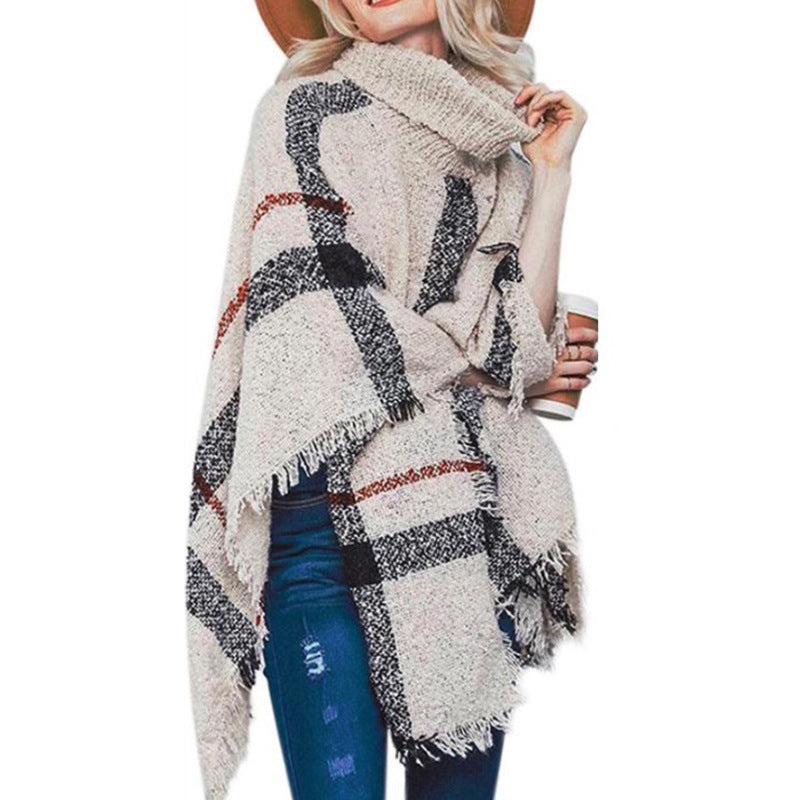 Women's Mid-length Turtleneck Tassel Cape Shawl Loose Plus Size