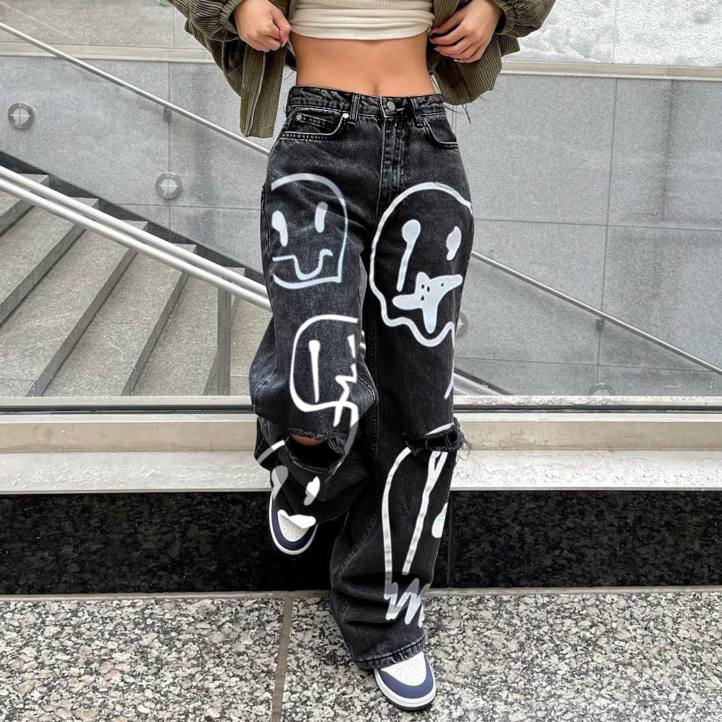 Women's Stylish Denim Trousers Printed Ripped Jeans