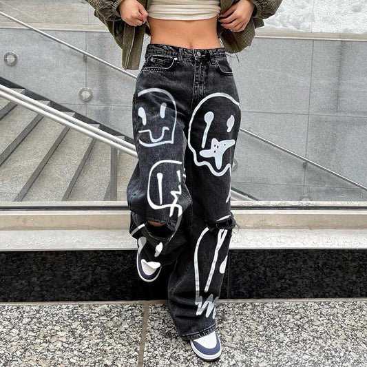 Women's Stylish Denim Trousers Printed Ripped Jeans