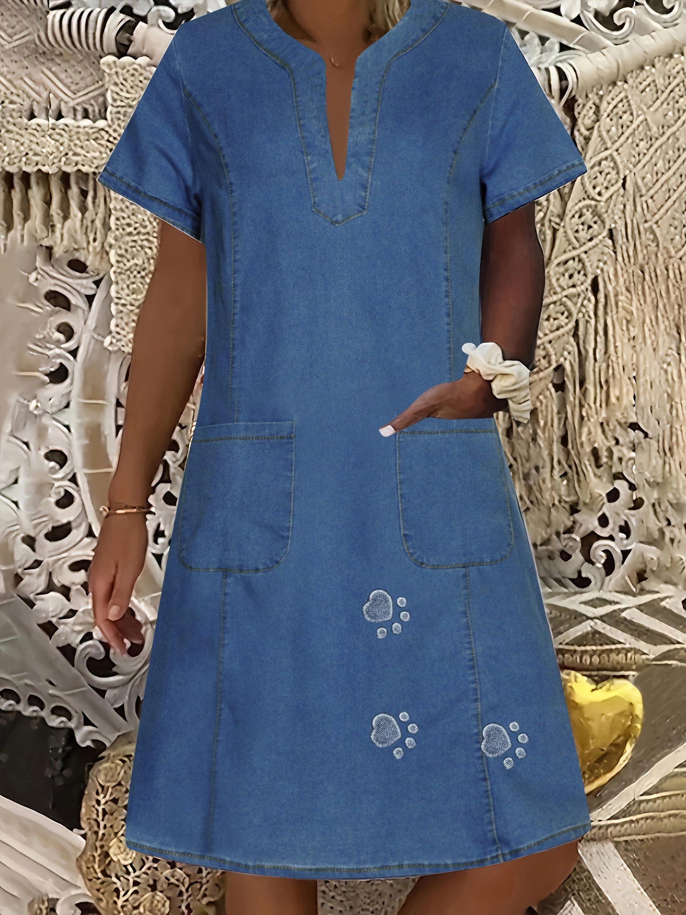 Women's Denim Dress Dark Blue Thin Pocket Dresses