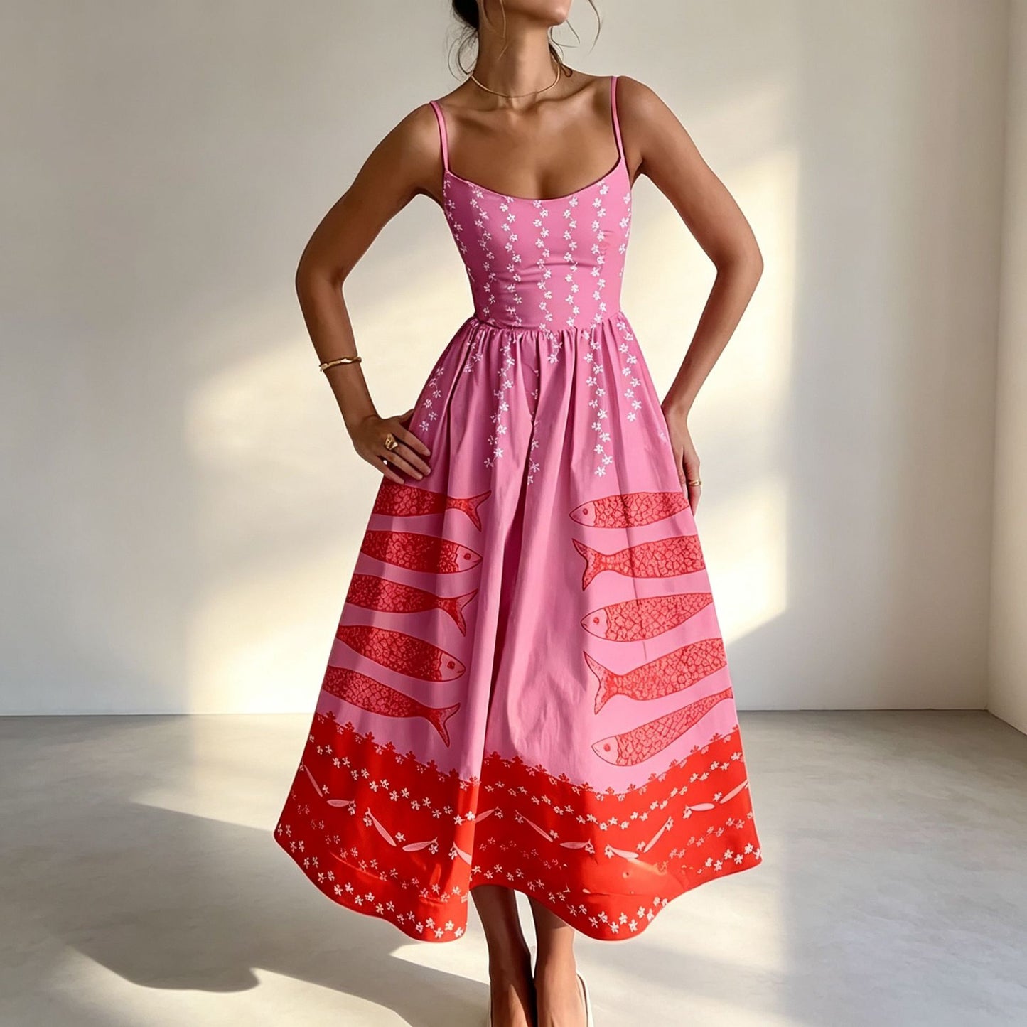 Women's Sense Printed Pleated Suspender Long Vacation Dress