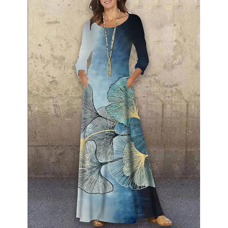 Women's Knitted Long Sleeve Dress Floral Print Clothing