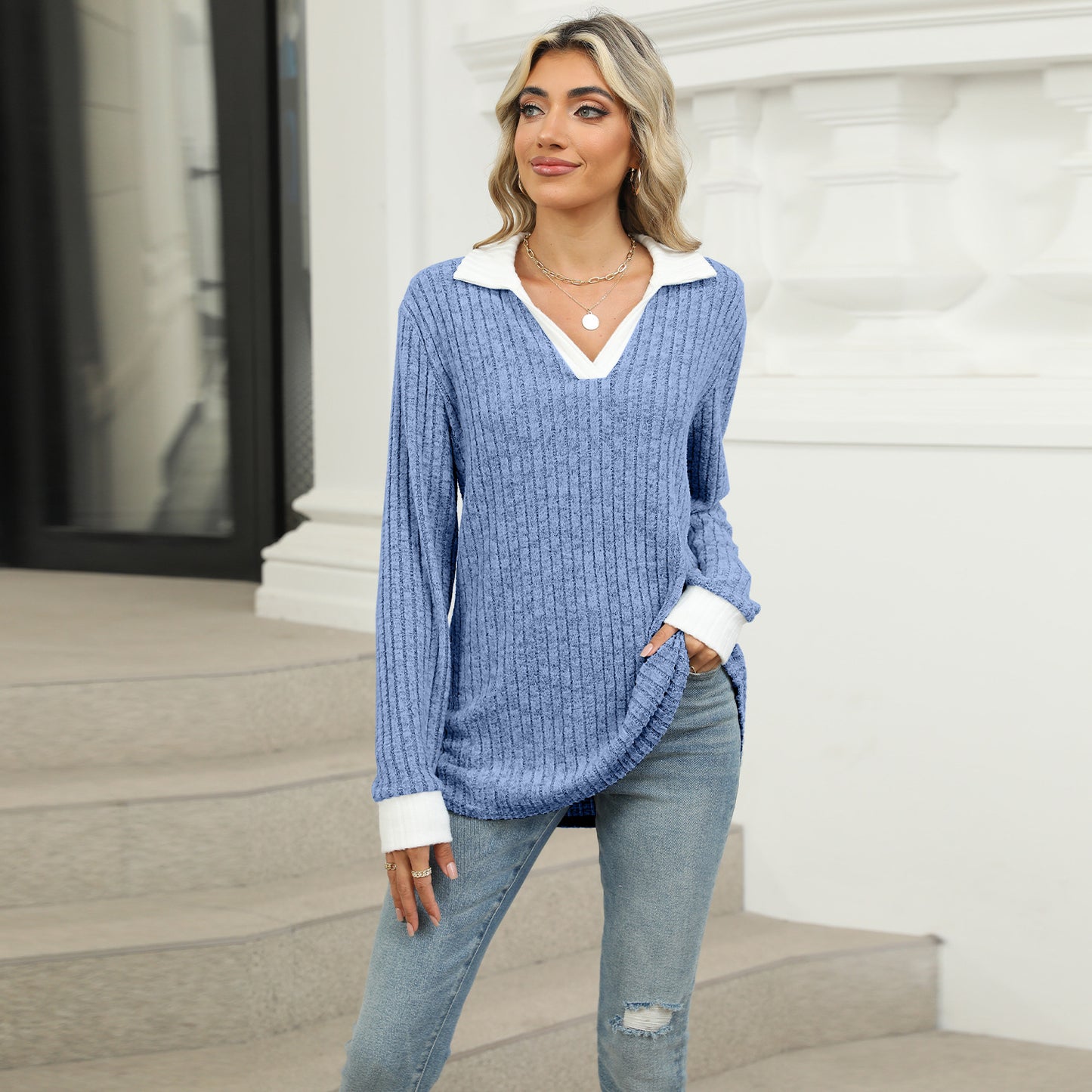 Women's Contrast Color Lapels Long Sleeve Loose-fitting Blouses