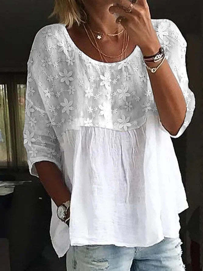 Women's Lace Stitching Printing White Temperament Long Blouses