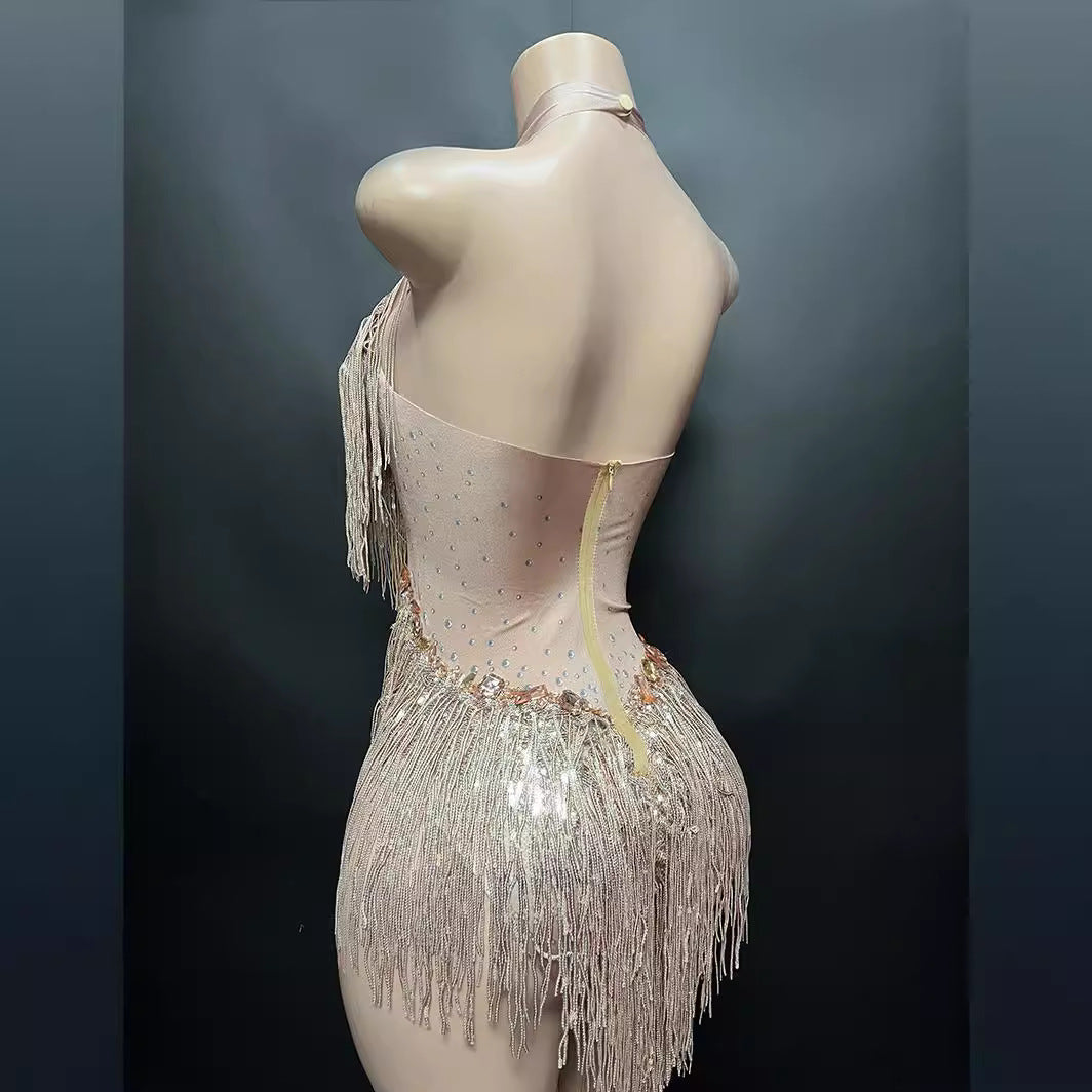 Shining Diamond Tassel Round Neck Elegant Jumpsuits