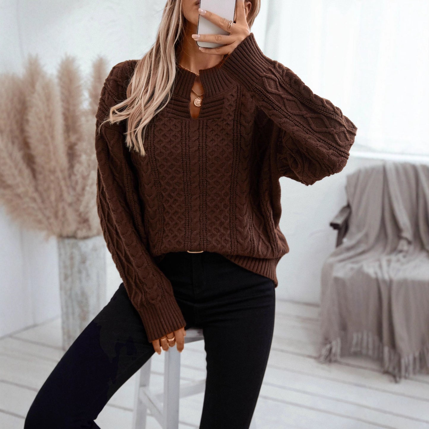 Women's Solid Color Twisted Pullover Collar Retro Loose Long Sweater