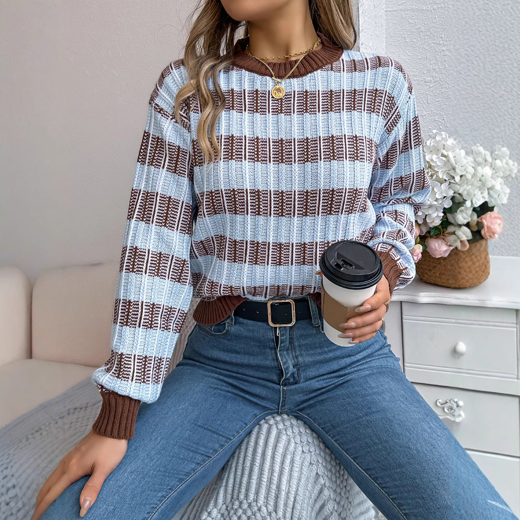 Women's Neck Vintage Stripe Lantern Long Sleeve Sweater