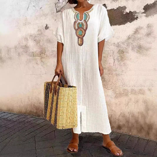 Cotton Linen Embroidery Split Dress Optional Dresses