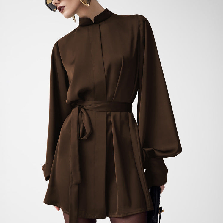 Women's Style High-grade Satin Dress Autumn Stand-up Collar Long-sleeved Dresses