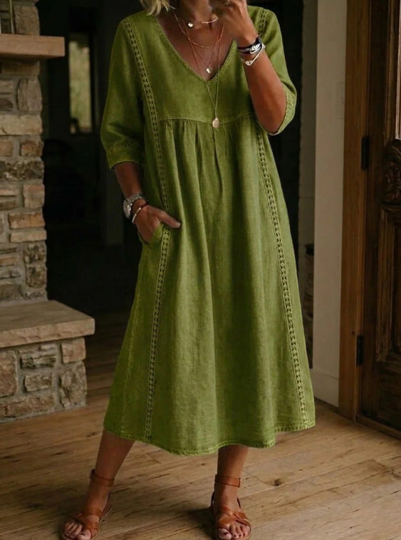 Casual Loose Stitching Lace Cotton Linen Dress