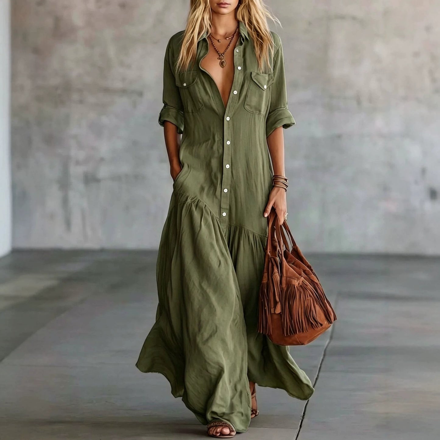 Long Shirt Collar Button Fashion Patchwork Dress