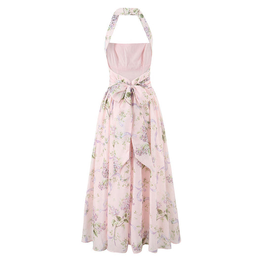 Women's Fashionable Lightweight Pink Printing Chiffon Split Dresses