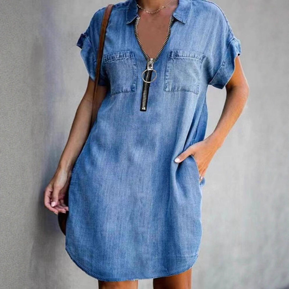 Charming Lapel Sleeve Loose Denim Shirt Dress