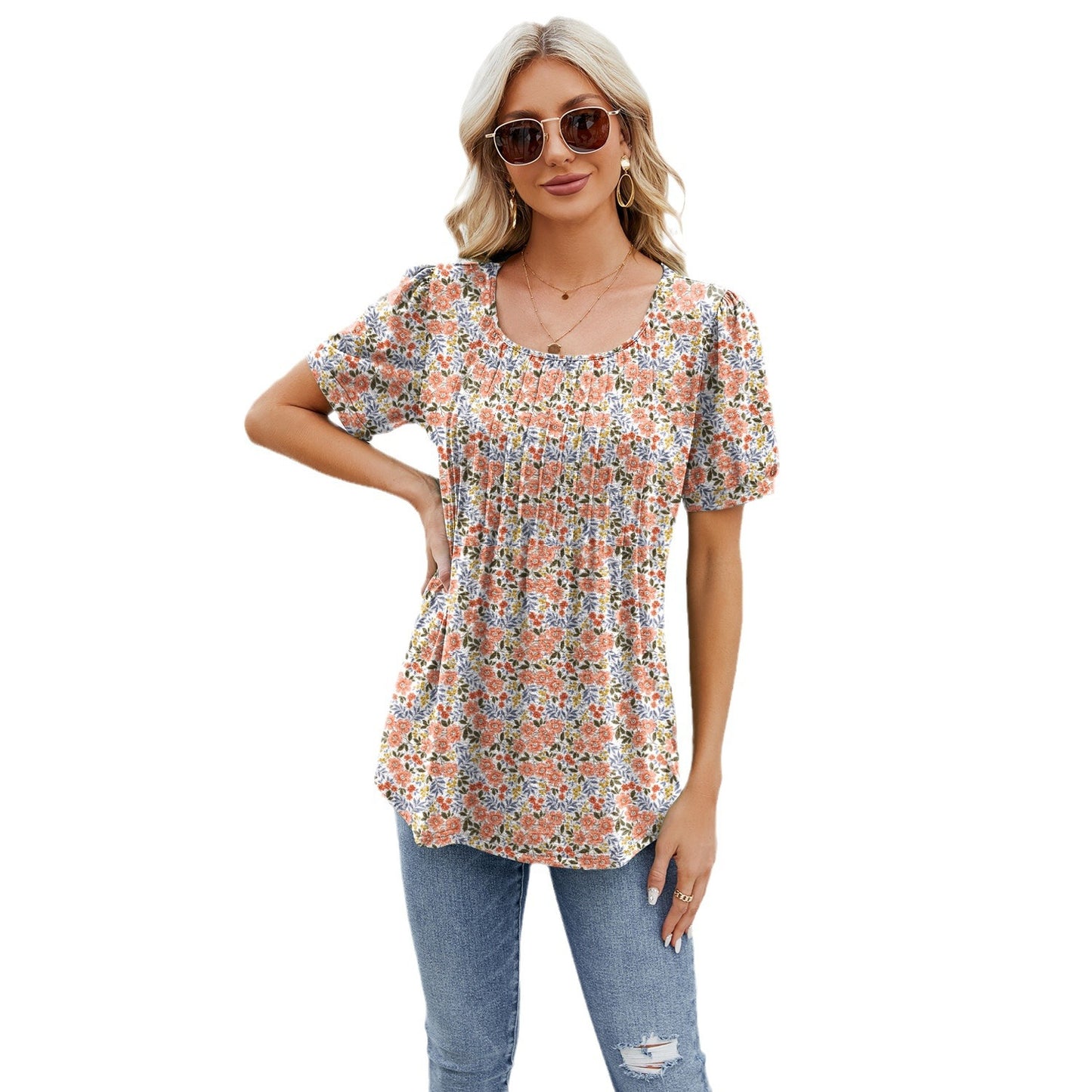 Women's Round Neck Strip Loose Sleeve T-shirt Tops