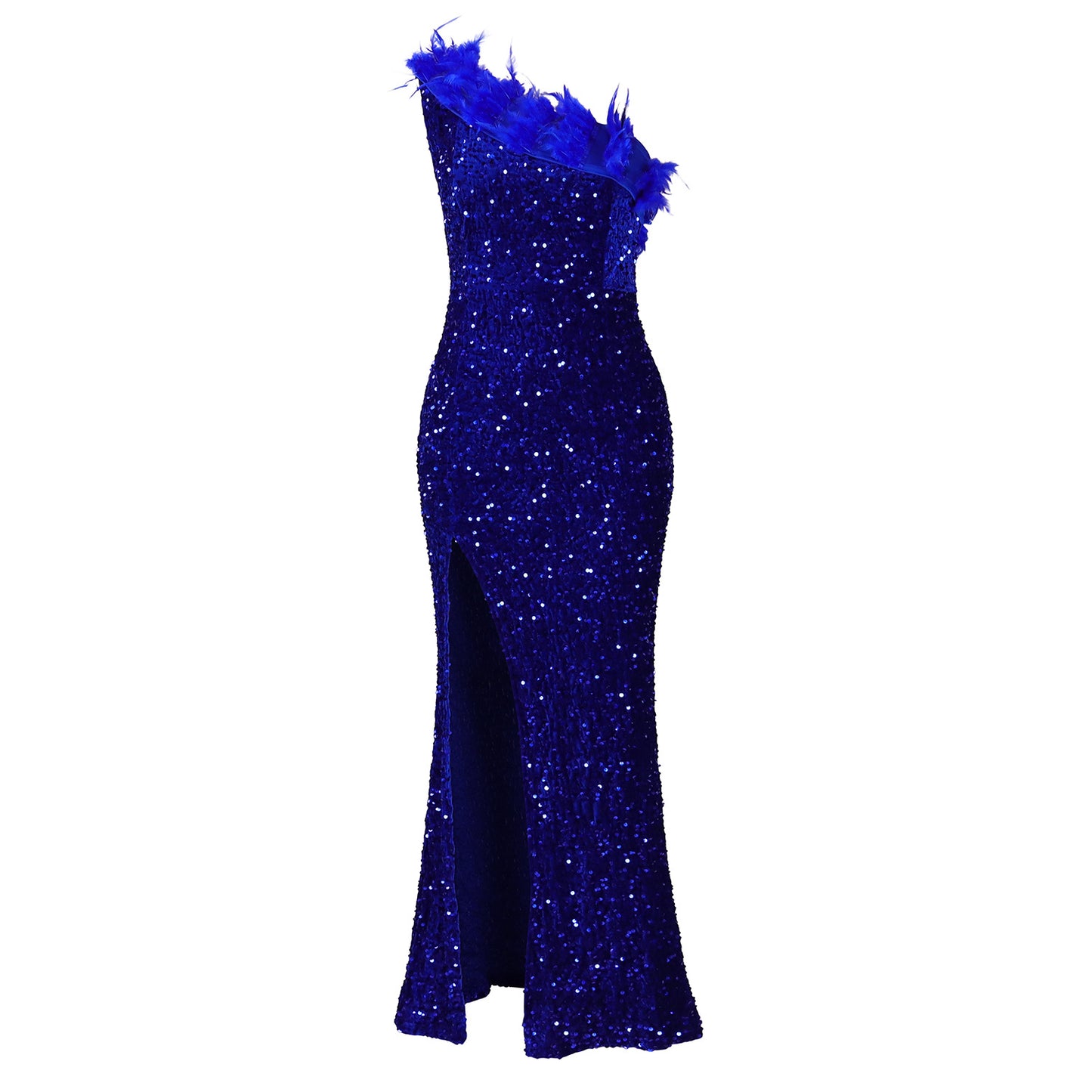 Women's Summer Sexy Fashion Feather Diagonal Collar Banquet Sequined Dress