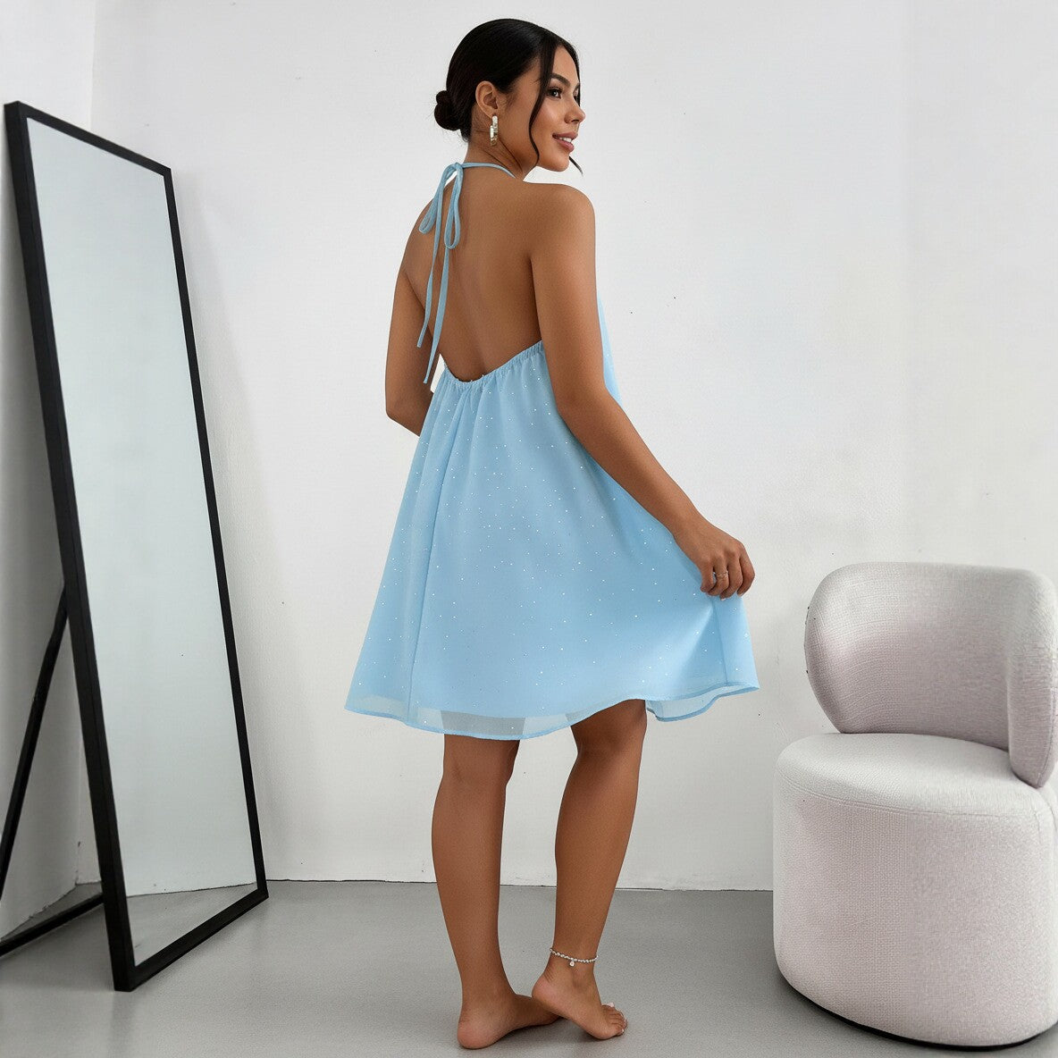 Women's Sequin Sling Early Summer Exquisite Backless Irregular Female Dress