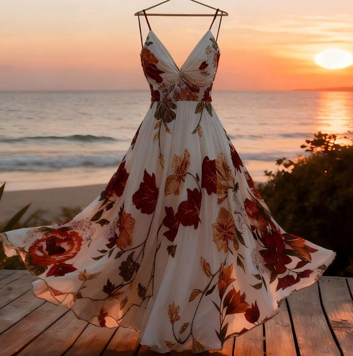 Durable Vacation Style Strap Printed Long Dress