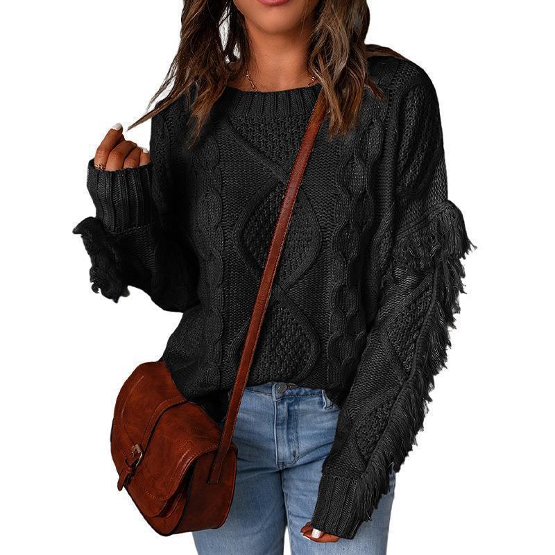 Women's Rhombus Tassel Solid Color Pullover Round Neck Sweater