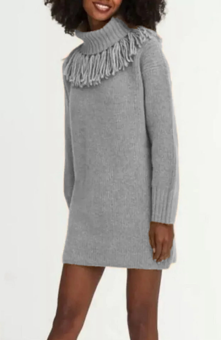 Knitted Tassel Bucket Turtleneck Dress Mid-length Women's Sweater