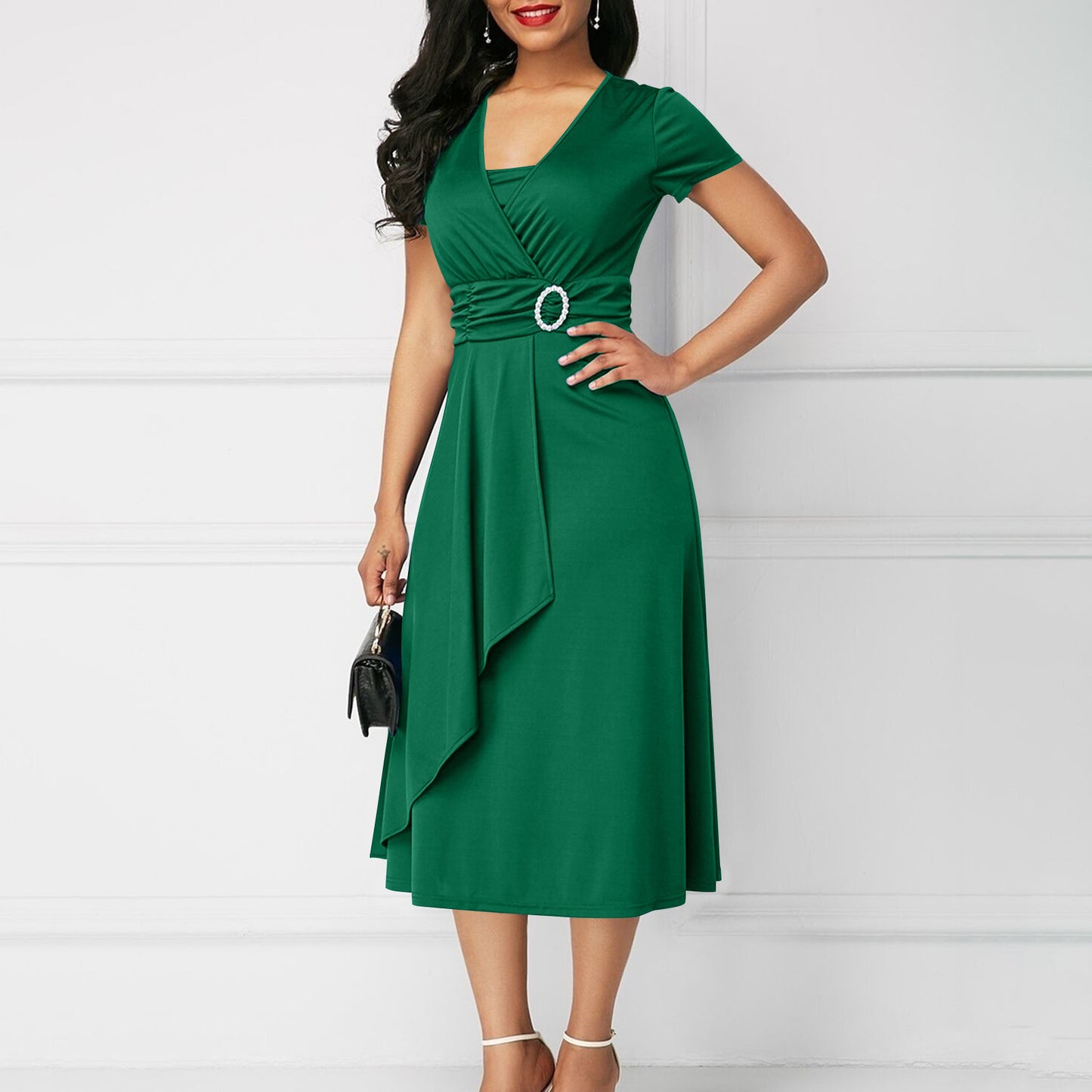 Women's Ladies Elegant Sexy Asymmetric Large Swing High Waist Mid-length Solid Dress