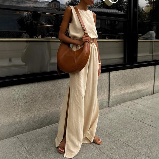 Women's Cotton Linen Solid Color Casual Split Suits