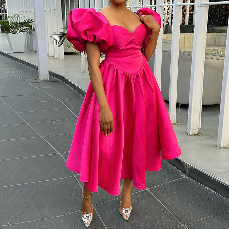 Women's Puff Sleeve Solid Color Waist Tight Dresses
