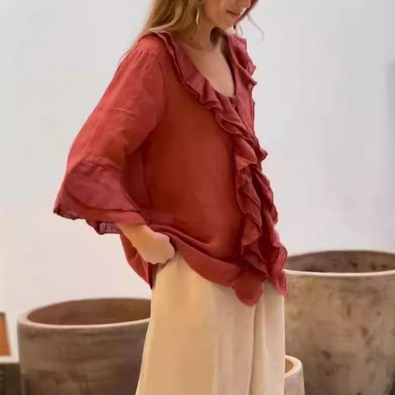 Women's Autumn Fashion Ruffled Sleeve Loose Casual Blouses