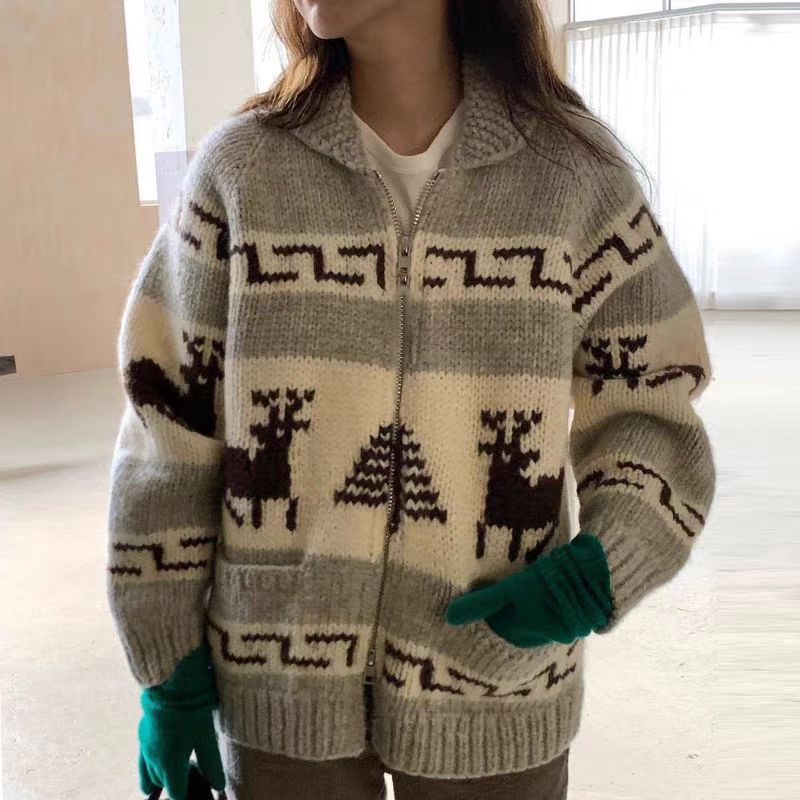 Women's Christmas Temperament Lapel Double Open Zipper Pattern Jacquard Sweater