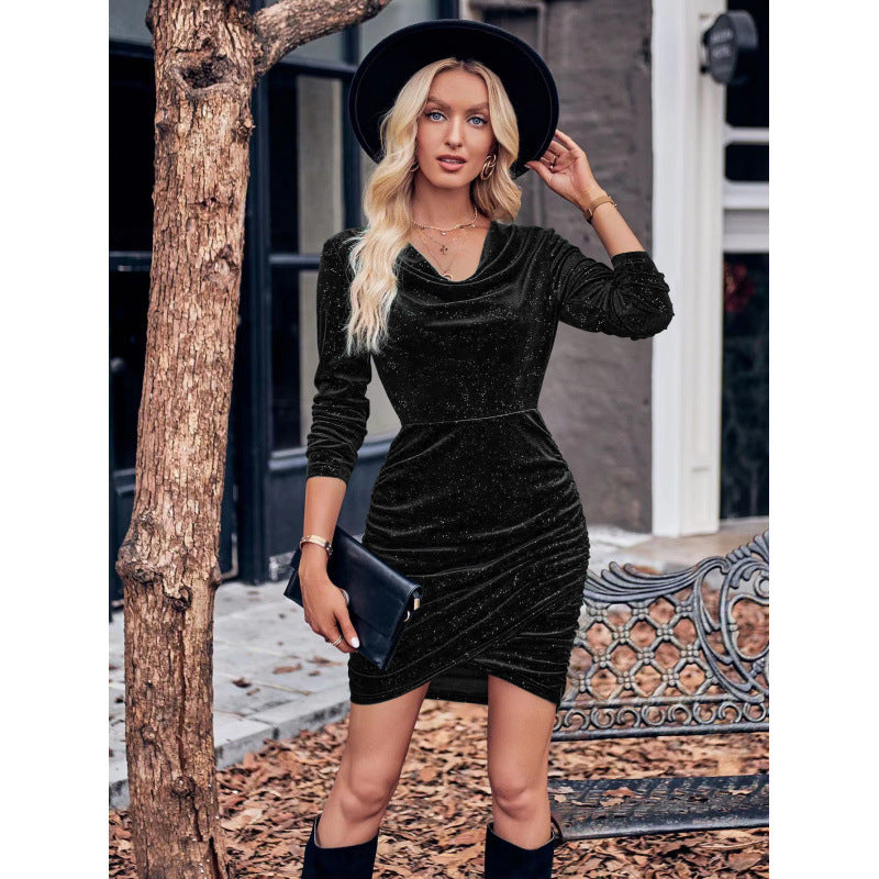 Women's Fashion Wear Casual Solid Color Swing Collar Long Sleeve Sexy Dress