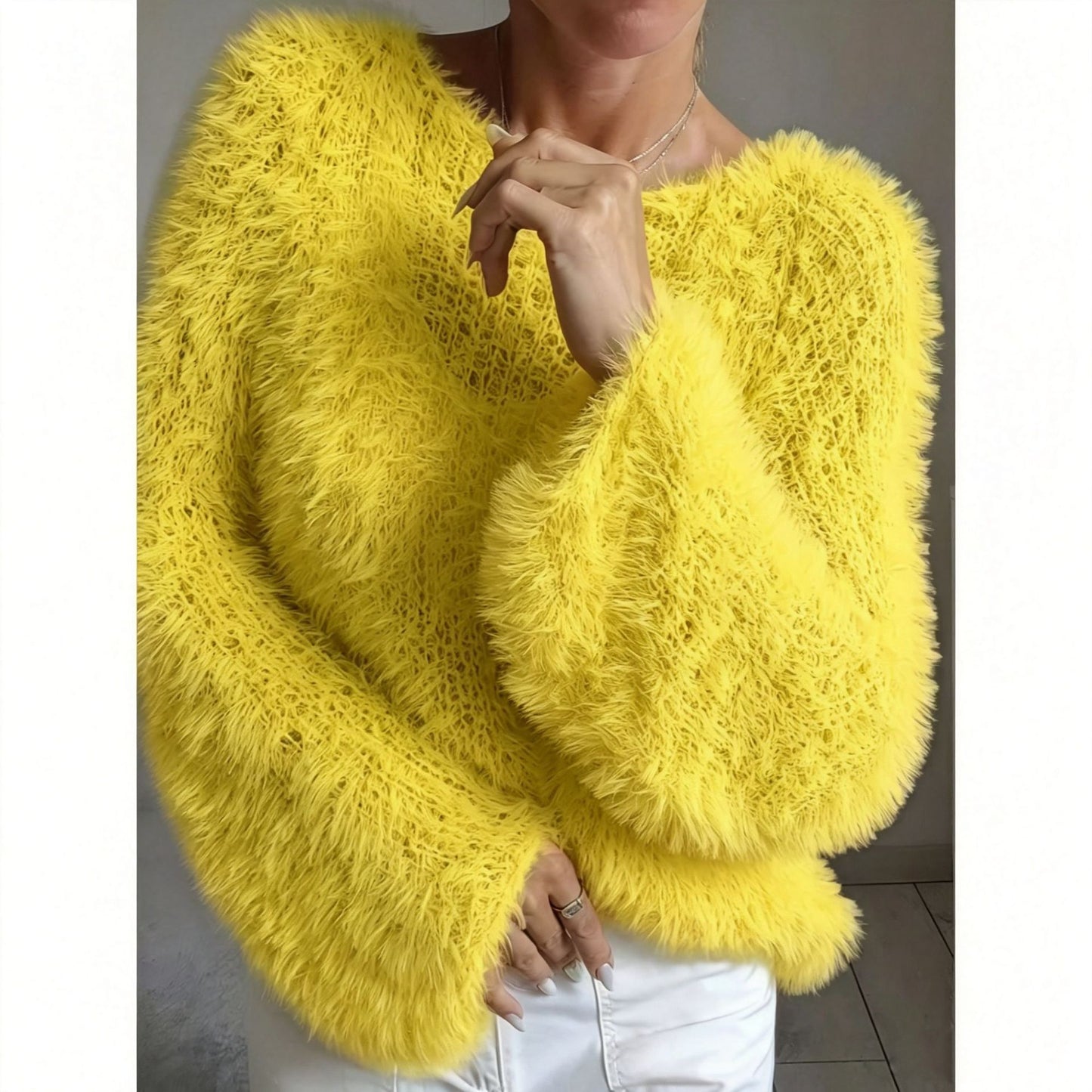 Women's Neck Fluffy Design Solid Long Sleeve Tops