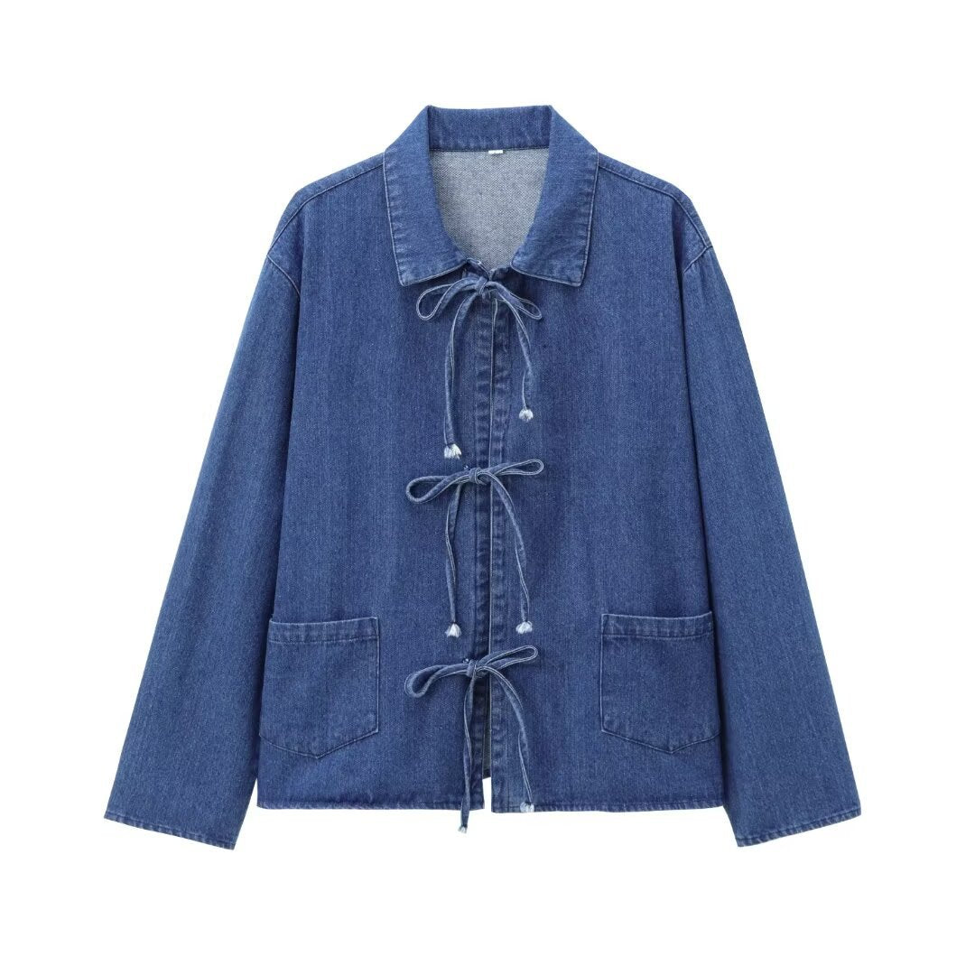 Women's Spring Lapel Bowknot Decoration Long Sleeve Pocket Washed Jackets