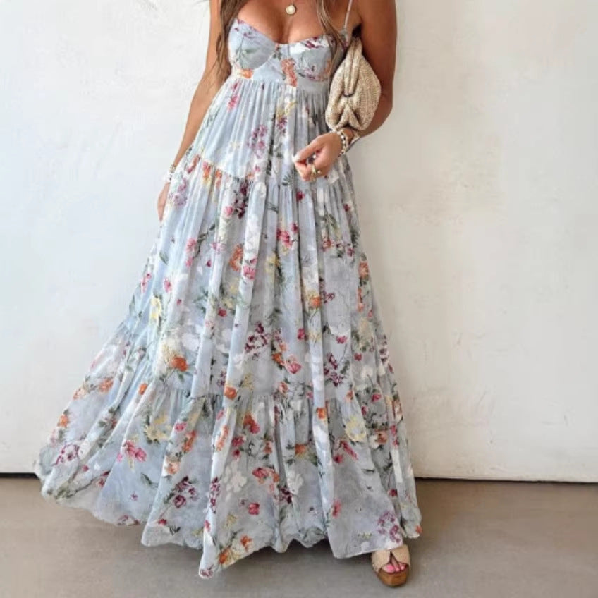 Women's Summer Printed Sleeveless Backless Elegant Slip Dress