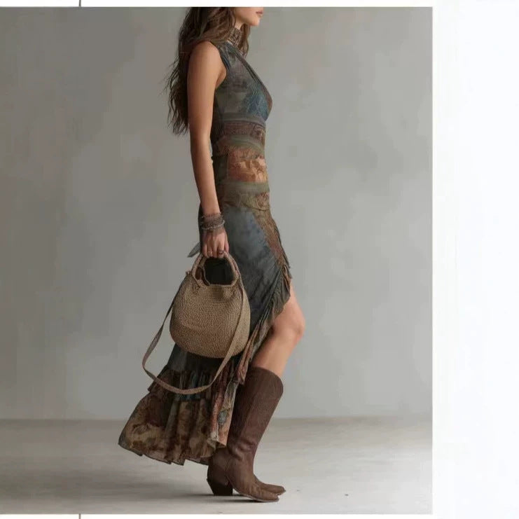 Retro Patchwork Printed Irregular Long Slim Dress