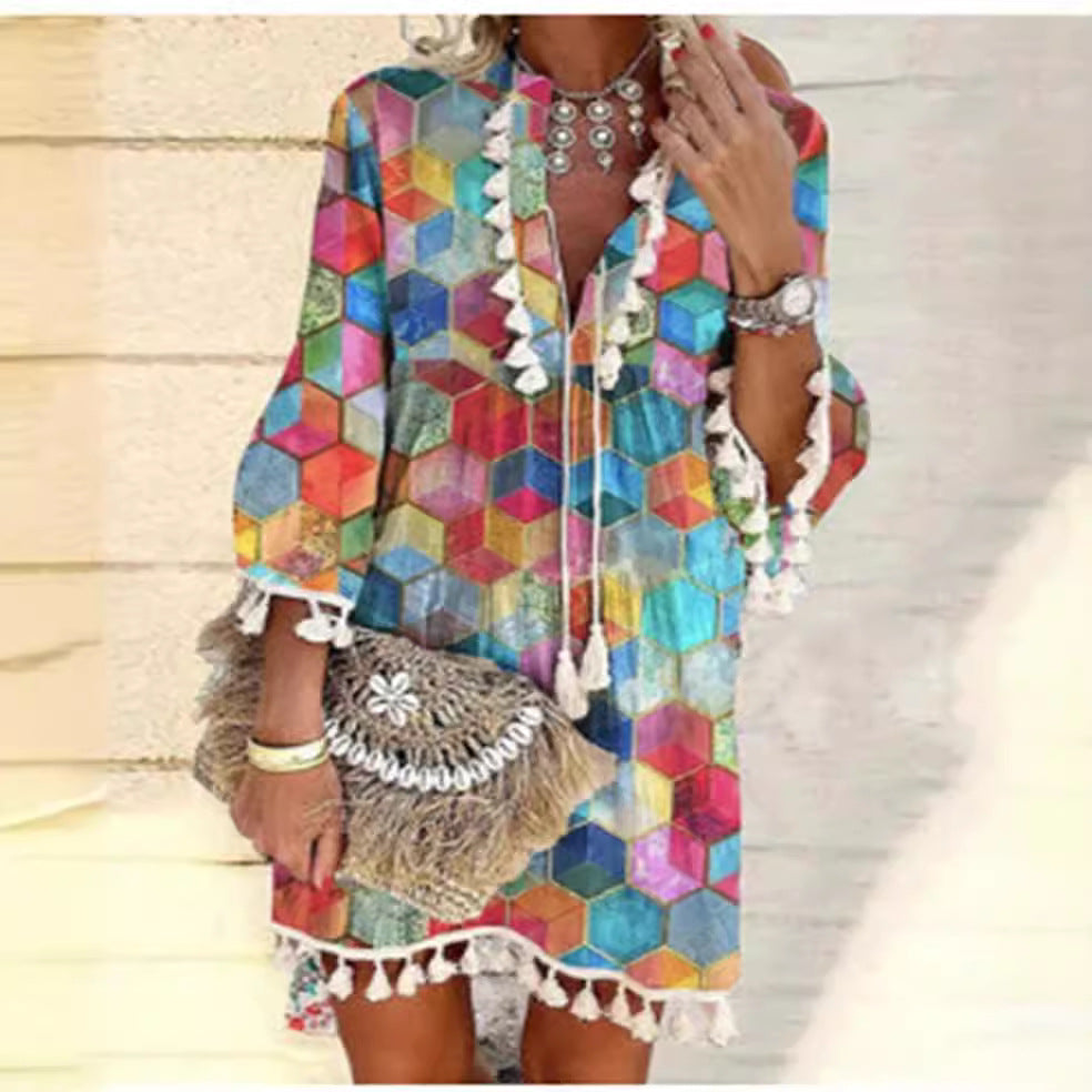Printed Pink Turtleneck Temperament Commute Tassel Dress