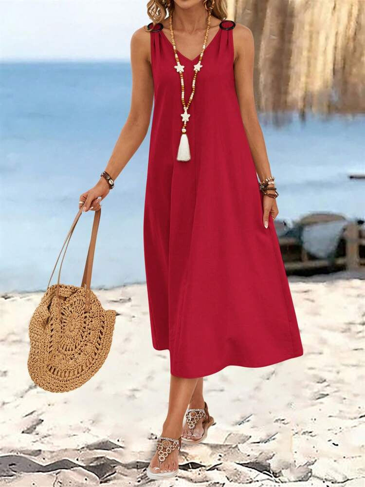 Women's Summer Elegant Style Solid Color Ring Buckle Dress