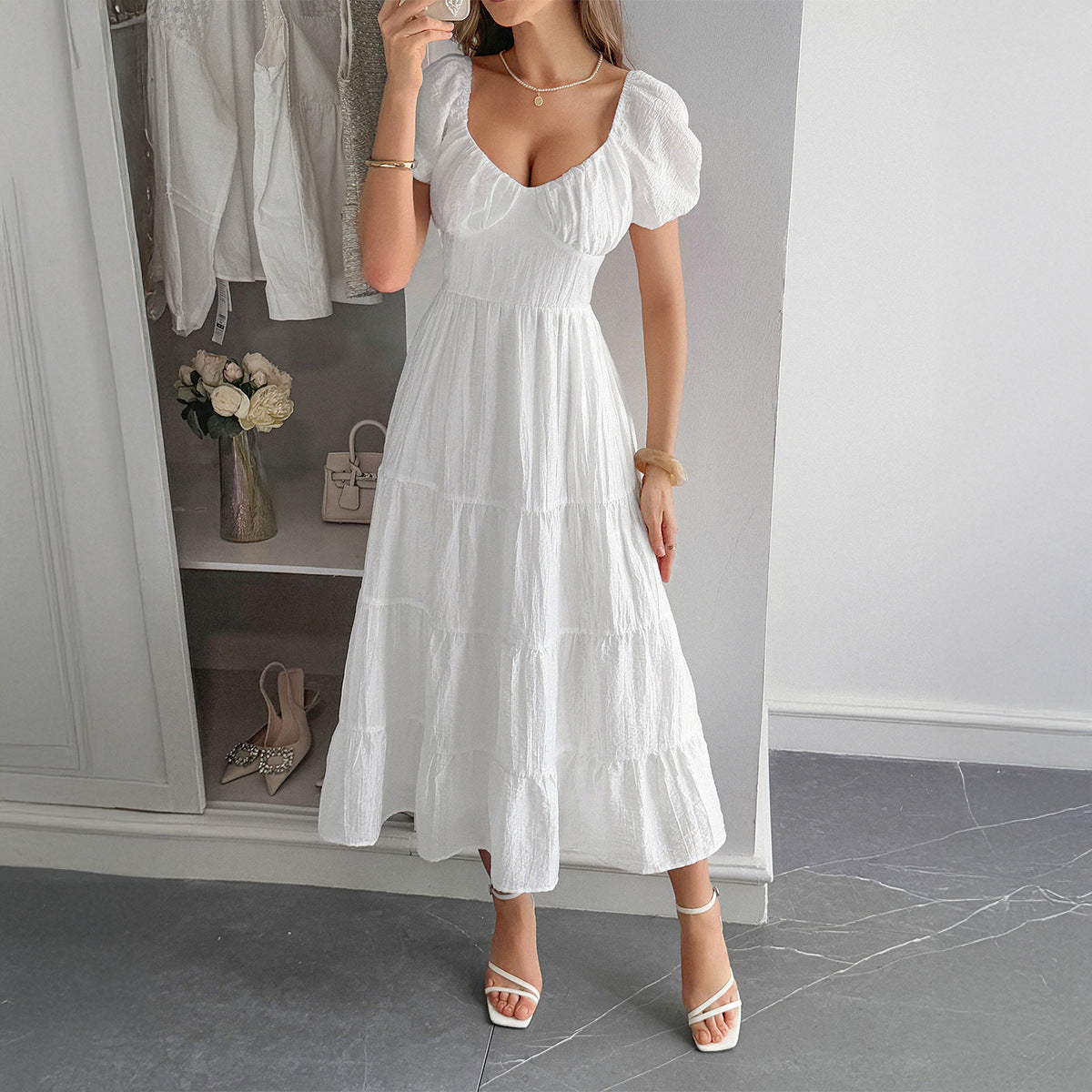 Women's Casual Vacation Style Puff Sleeve Maxi Dress
