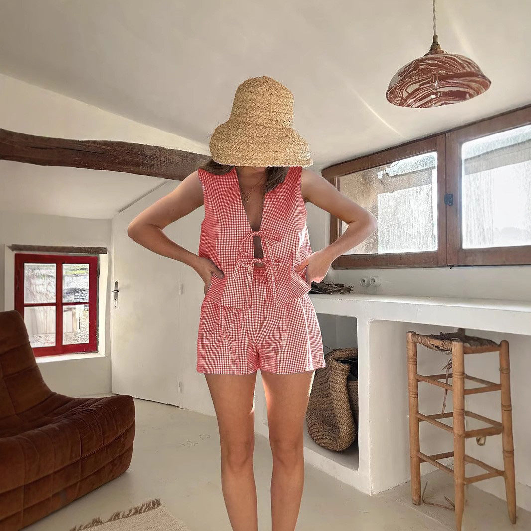 Women's Summer Vacation Style Plaid Drawstring Two-piece Fashion Casual Suit