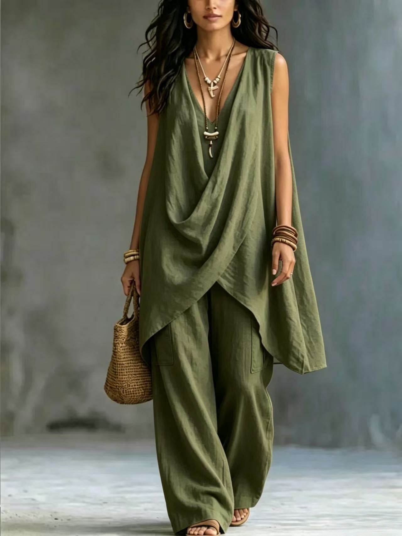 Women's Sleeveless Stand Collar Solid Color Loose Temperament Cotton Fashion Casual Suit