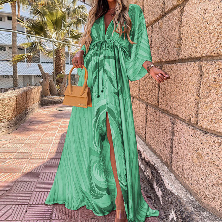 Women's Printed Long Bohemian Sexy Style Single-breasted Beach Dress