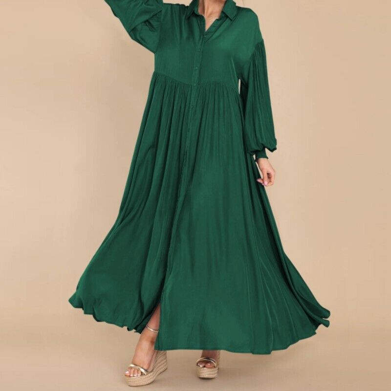 Women's Color Buttons Lapel Pleated Long Sleeve Dresses