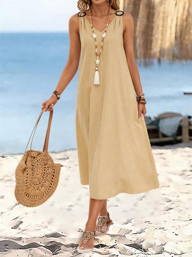 Women's Summer Elegant Style Solid Color Ring Buckle Dress