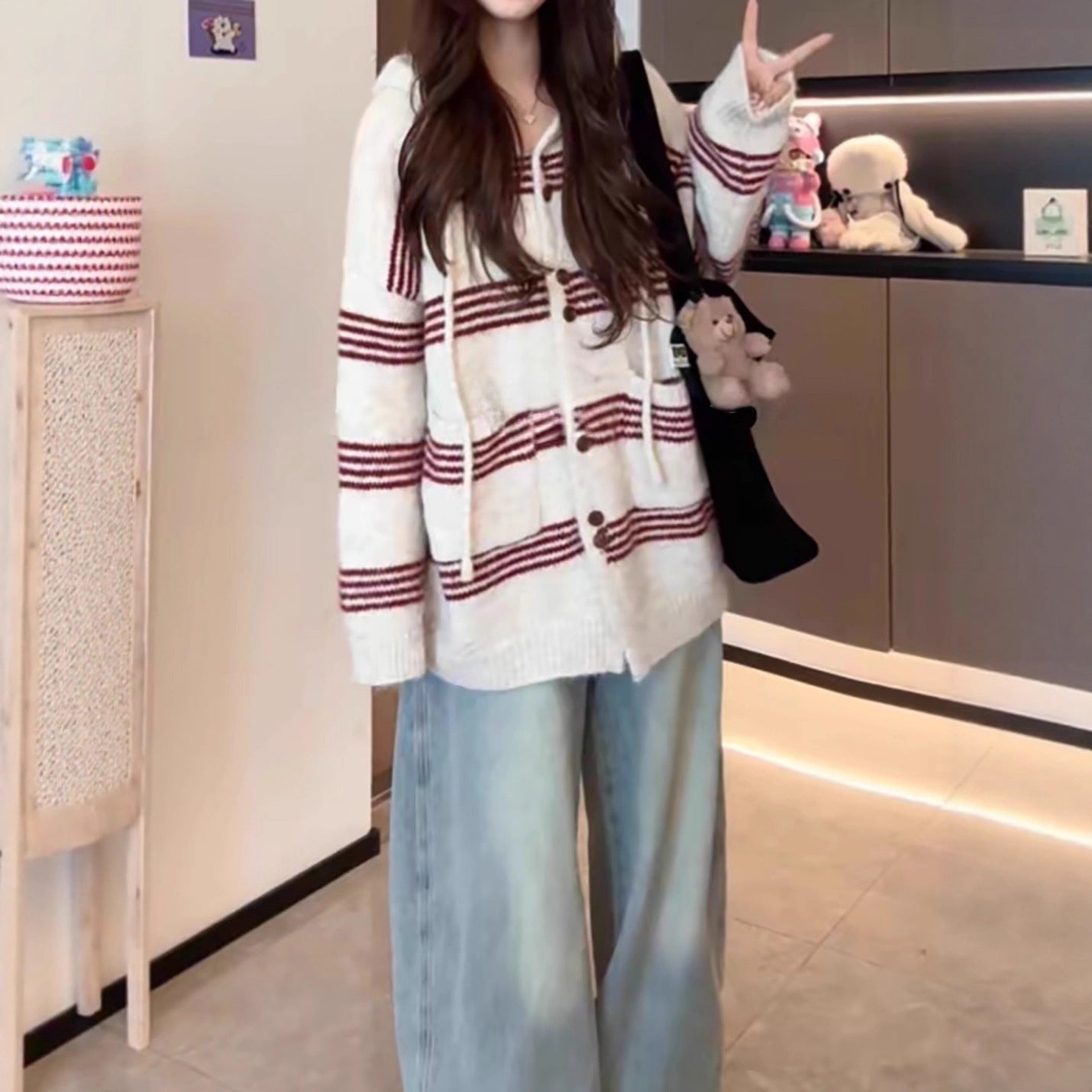 Women's Idle Style Mixed Color Stripe Hooded Long Sweater