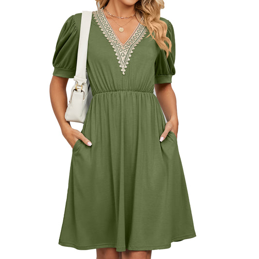 Solid Color Lace Patchwork Sleeve Pocket Dresses