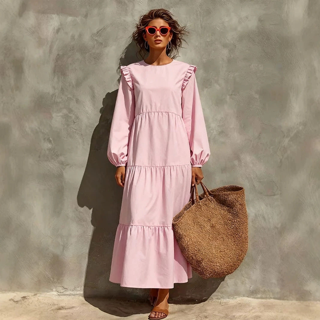 Neck Casual Loose Long Sleeve Solid Dress