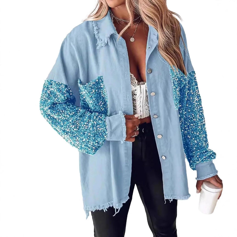 Denim Pullover Long Sleeve Sequined Patchwork Jackets