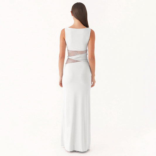 Women's Color Translucent Hollow Lace Twisted Belt Dresses